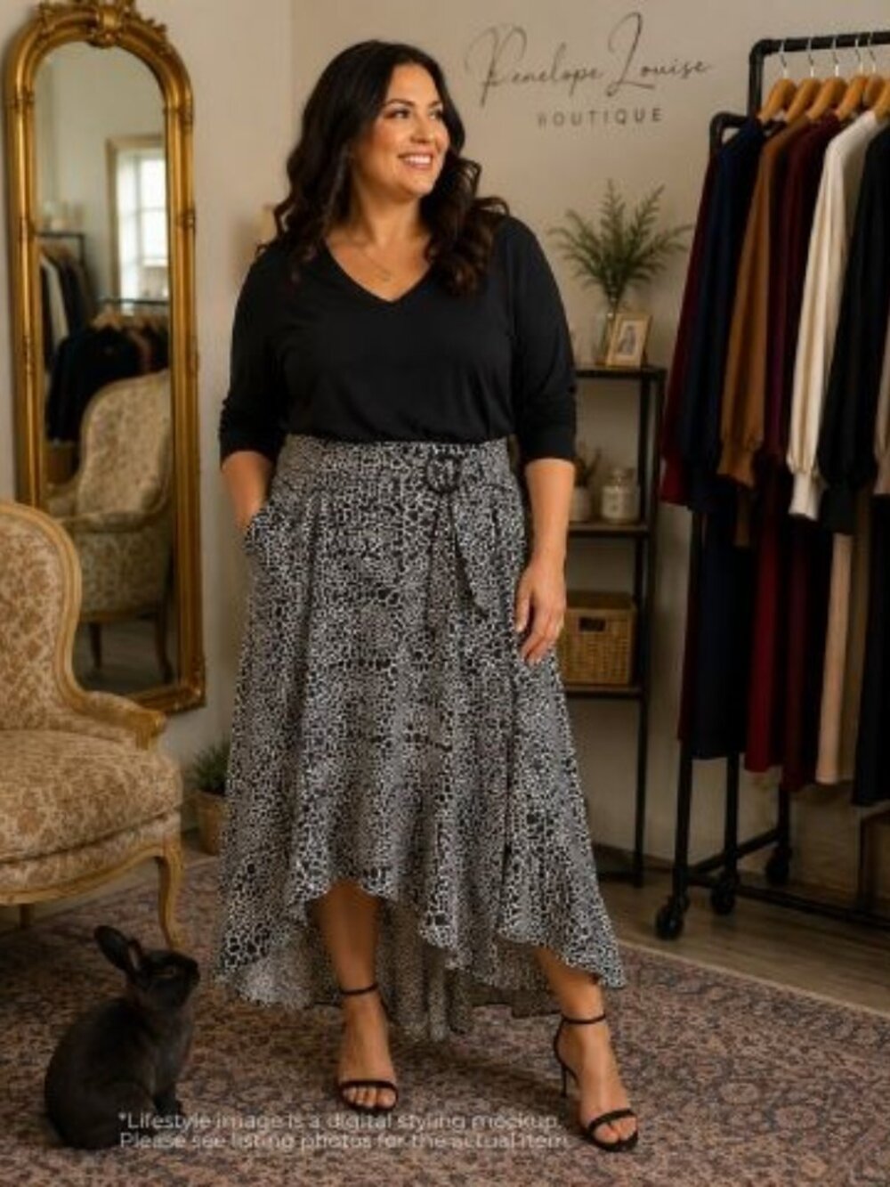 Robert Louis XL Black White Animal Print Asymmetrical Ruffle Maxi Skirt